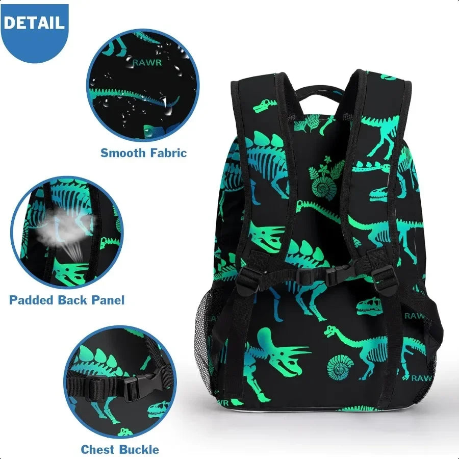 Green Dinosaur Backpack for Boys Girls Dinosaurs Skeletons Kindergarten Preschool Bookbag Elementary School Book Bags Lightweig