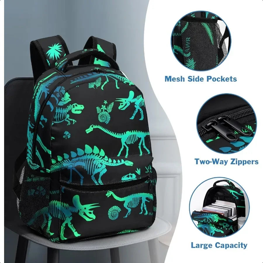 Green Dinosaur Backpack for Boys Girls Dinosaurs Skeletons Kindergarten Preschool Bookbag Elementary School Book Bags Lightweig