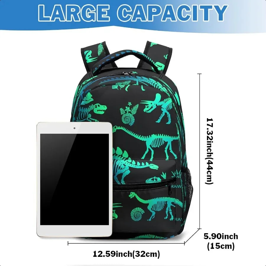 Green Dinosaur Backpack for Boys Girls Dinosaurs Skeletons Kindergarten Preschool Bookbag Elementary School Book Bags Lightweig